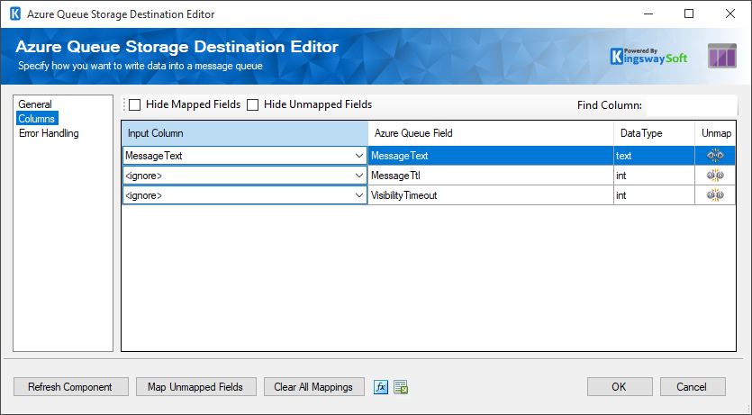 Azure Queue Storage Destination - Columns